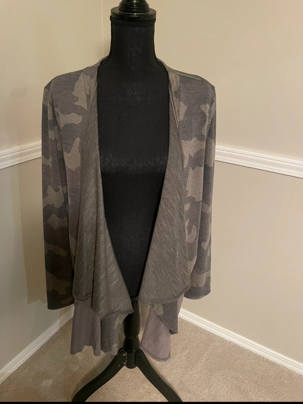 Gray Camouflage Open Draped Cardigan